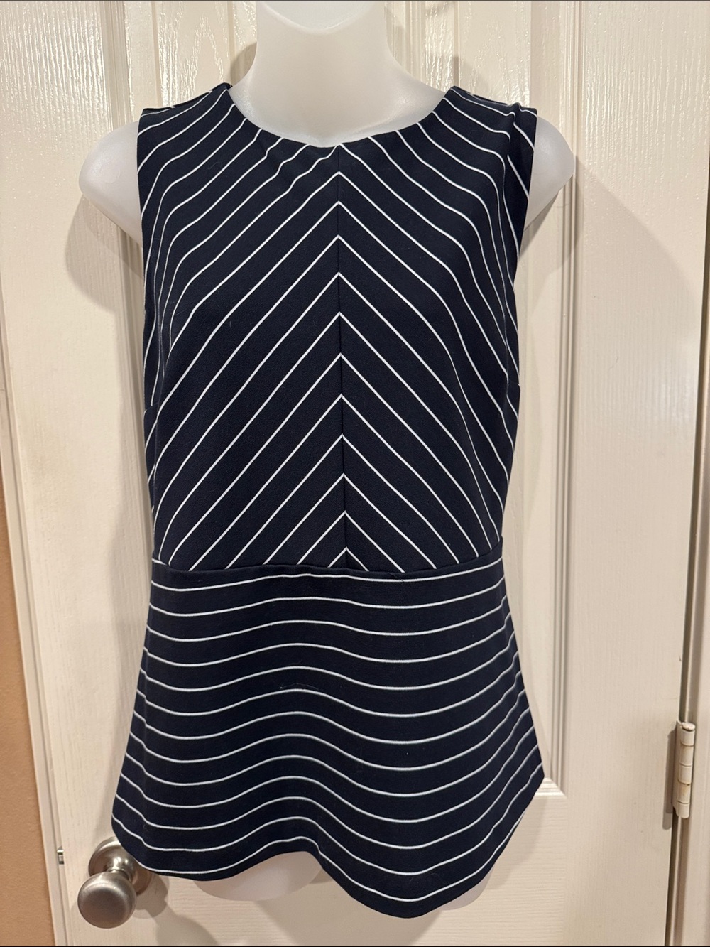 Ann Taylor Navy and White Striped Peplum Blouse. Sz Medium